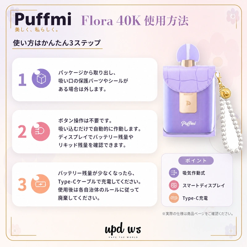 PUFFMI FLORA 40Kの使用方法を説明する公式画像