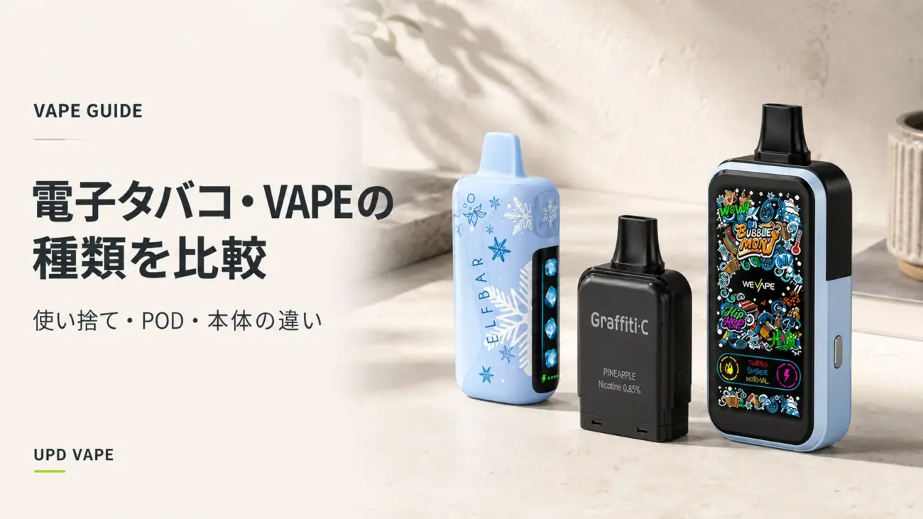 使い捨てVAPE・POD型・本体タイプの違いを示す比較カバー
