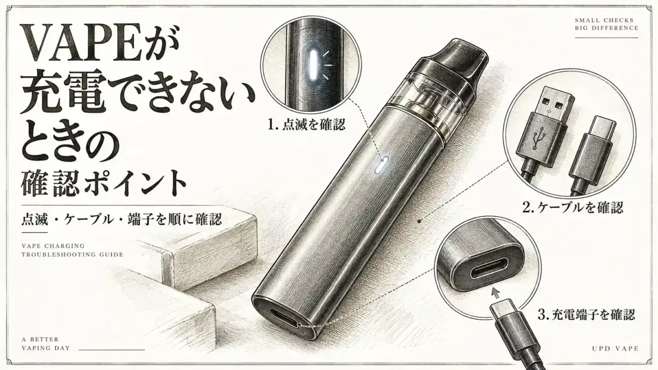 VAPEの点滅表示、USBケーブル、充電端子の確認箇所を示すイラスト