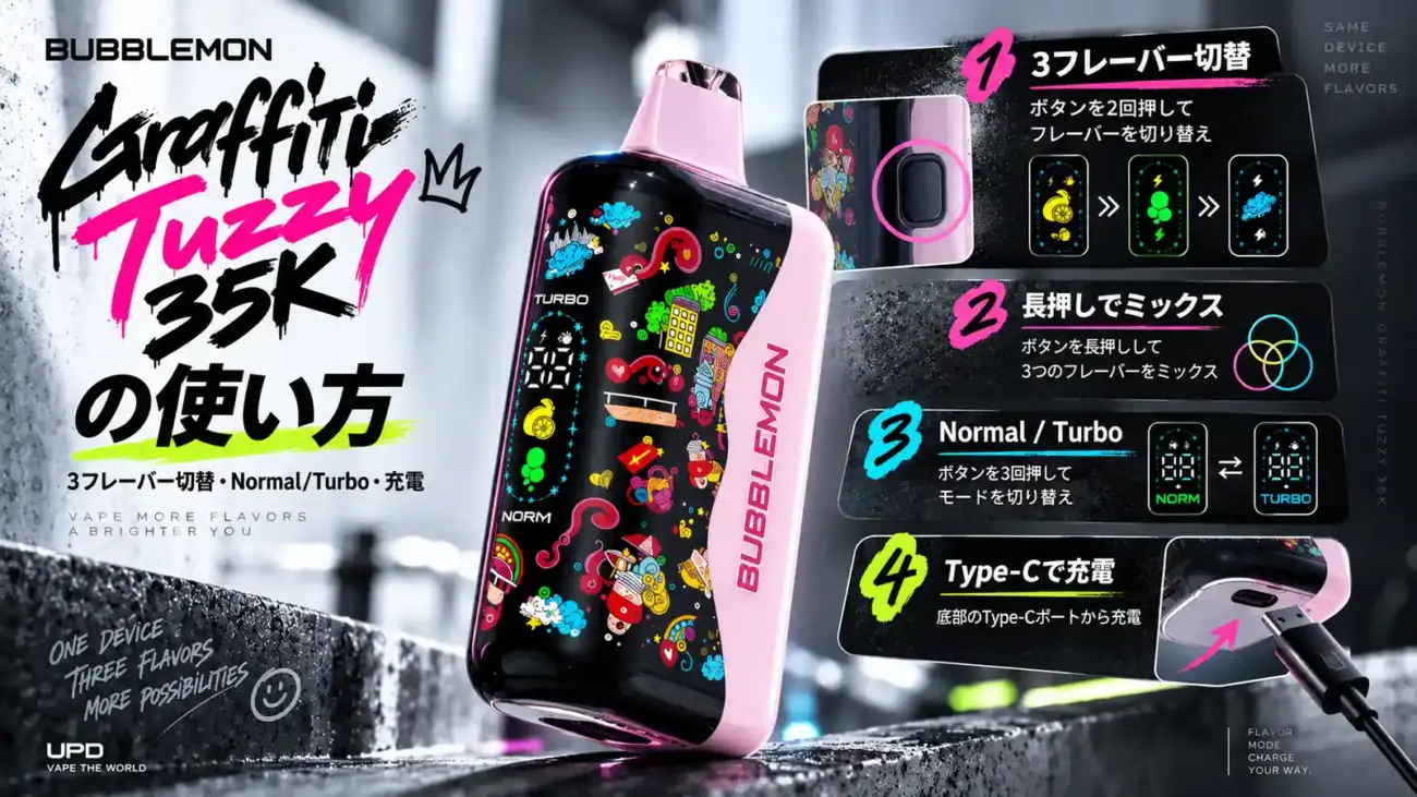 BUBBLEMON Graffiti Tuzzy 35Kの使い方｜3フレーバー切替・Normal/Turbo・充電