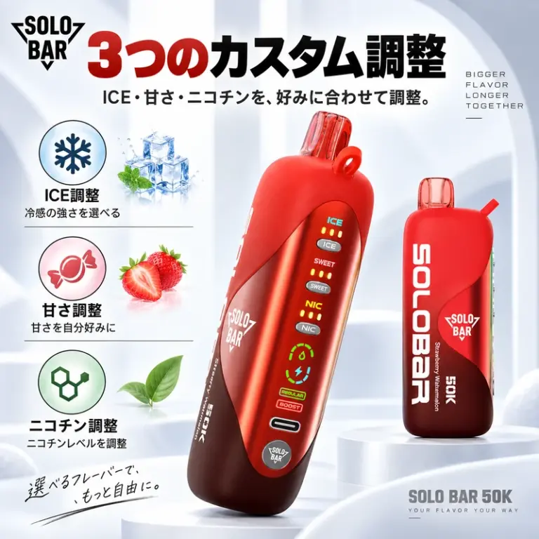SOLOBAR 50Kの冷感・ニコチン・甘さ調整機能を説明する画像